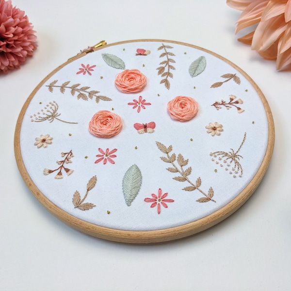 Easy Embroidery Kit for Beginners • Floral Stitch Sampler • Wildflower and Butterfly Nature Theme • 7" Hoop • Thoughtful Craft Gift