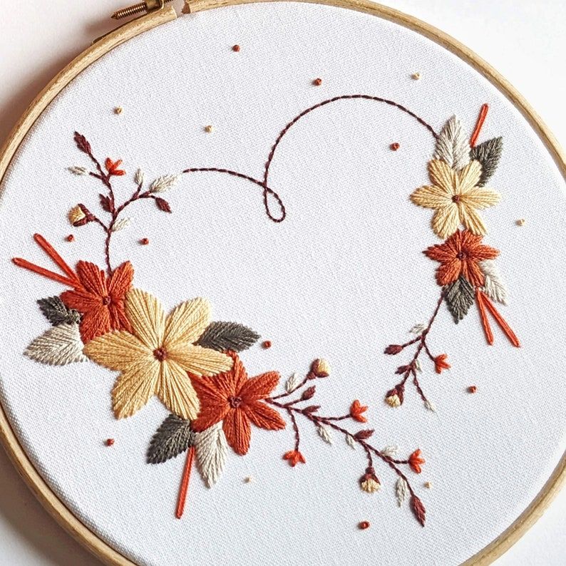 Autumn Heart embroidery kit by Tales from the Hoop. Capture the magic of the changing seasons with this Fall themed hand embroidery craft kit. The finished hoop is a stylish piece of seasonal wall art and a beautiful thoughtful gift.  Emily Bronte