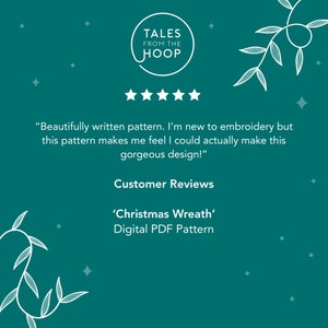 May include: Five stars and a customer review for a digital PDF pattern for a Christmas wreath embroidery project. The review reads "Beautifully written pattern. I'm new to embroidery but this pattern makes me feel I could actually make this gorgeous design!" The review is from Tales From The Hoop.