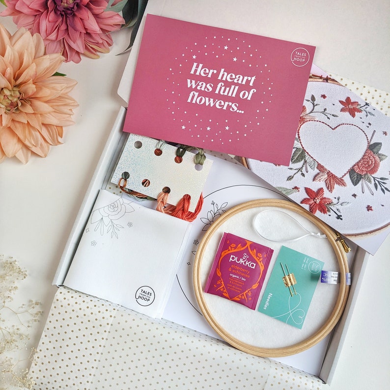 Continued unboxing of Floral Heart modern embroidery design showing high quality materials.  Her heart was full of flowers, eye-catching instruction design, pukka teabag, high quality illustrations and graphic design.  A beautiful gift kit for all