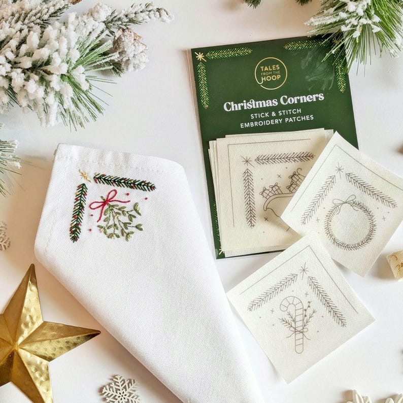 Christmas Corners Stick and Stitch embroidery patches. Add a handmade touch to your Christmas table decor or decoration scheme. Customise Christmas linens, napkins, fabrics, tablecloths bags and more. Christmas keepsake or winter floral themes.
