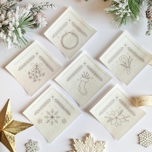 Christmas Corners Stick and Stitch embroidery patches. Add a handmade touch to your Christmas table decor or decoration scheme. Perfect for customised Christmas linens, napkins, fabrics, tablecloths bags and more.