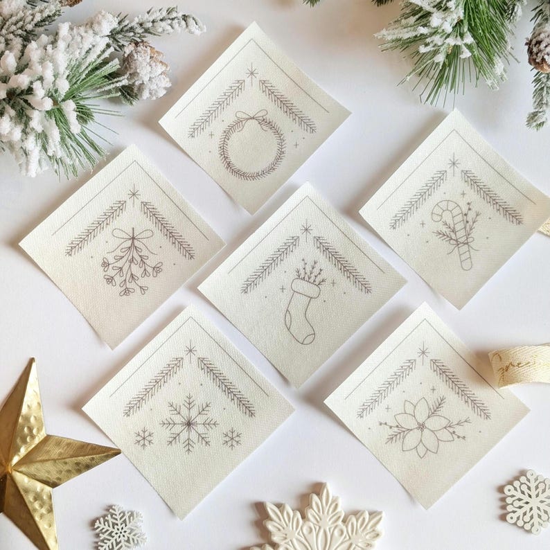 Christmas Corners Stick and Stitch embroidery patches. Add a handmade touch to your Christmas table decor or decoration scheme. Perfect for customised Christmas linens, napkins, fabrics, tablecloths bags and more.