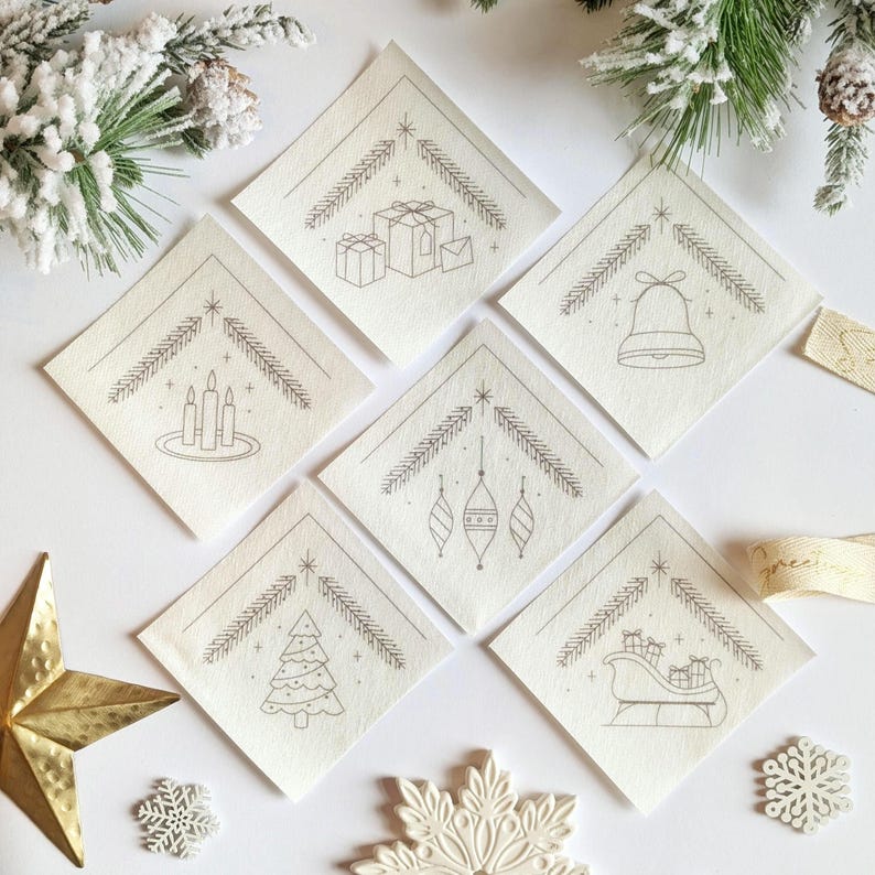 Christmas Corners Stick and Stitch embroidery patches. Add a handmade touch to your Christmas table decor or decoration scheme. Perfect for customised Christmas linens, napkins, fabrics, tablecloths bags and more.