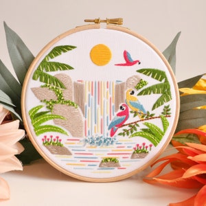 Parrot Paradise Embroidery Kit: DIY Jungle Waterfall Scene, 6" Hoop