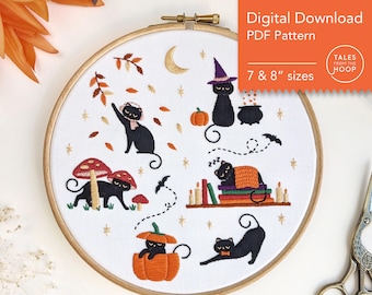 Halloween Cats Embroidery Pattern • Digital PDF Download • 7 & 8&quot; sizes • Autumn, Fall and Spooky Season Theme