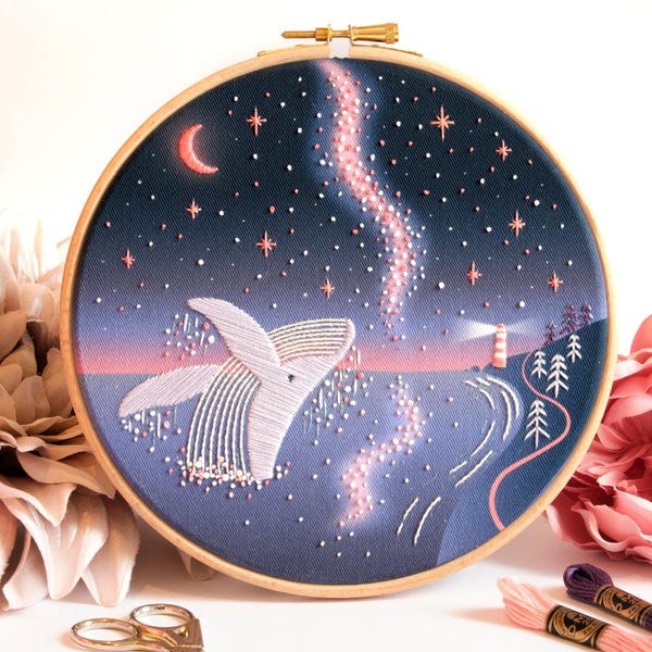 Milky Way Embroidery Kit: Lunar Whale, Iridescent Details, 7" Hoop