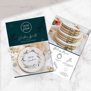 Merry Christmas Wreath Hand Embroidery Pattern Digital Download PDF by Tales from the Hoop. A beautiful festive design with winter florals berries and flowers in understated soft modern colours with metallic gold accents. Christmas handmade wall art.