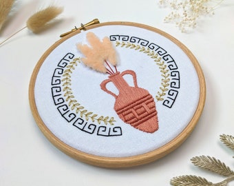 Greek Amphora Mini Easy Embroidery Kit • 5" Hoop • Greek, Roman, Floral and Travel Theme • Unique Thoughtful Handmade Gift