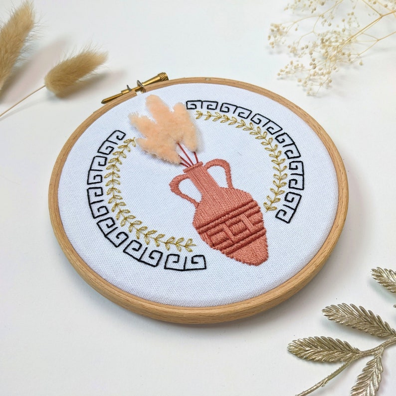 Greek Amphora modern floral and ancient greek themed embroidery craft kit. Modern embroidery design for beginners and all ability levels. Beautiful, creative and stylish Summer holidays craft gift for history lovers. Aegean Crete Athens Rome