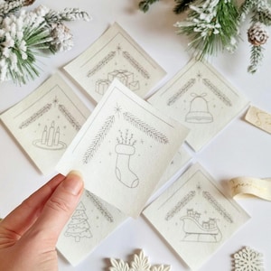 Christmas Corners Stick and Stitch embroidery patches. Add a handmade touch to your Christmas table decor or decoration scheme. Perfect for customised Christmas linens, napkins, fabrics, tablecloths bags and more.