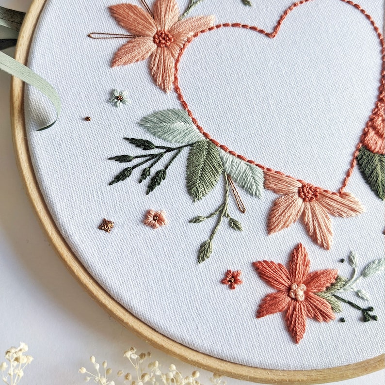 Close up view of Floral Heart contemporary embroidery kit. Minimalist, stylish floral embroidery design showcasing the best of modern British embroidery design. Premium quality with hornate and intricate artistic details.  Blush pink, mint green