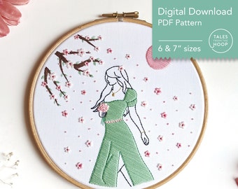 Cherry Blossom Girl Embroidery Pattern • Sakura Floral Themed Hand Embroidery • Digital PDF download • Needlecraft pattern