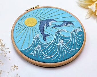 Dolphin Point Easy Embroidery kit • 6" hoop • Tropical, ocean, nature, animal & travel theme • DIY Wall Art, Craft kit and Unique Gift.