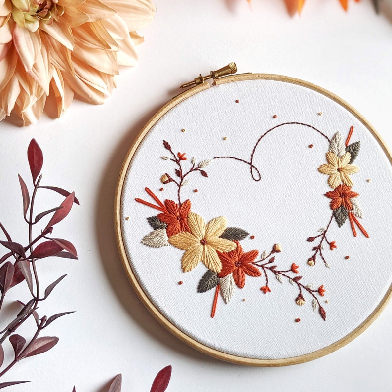 Autumn Heart embroidery kit by Tales from the Hoop. Capture the magic of the changing seasons with this Fall themed hand embroidery craft kit. The finished hoop is a stylish piece of seasonal wall art and a beautiful thoughtful gift.  Emily Bronte