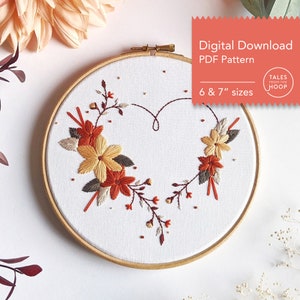 Autumn Heart Embroidery Pattern • Digital PDF Download • Modern Fall and Autumn Floral  • Colourful and Cosy Handmade Wall Art