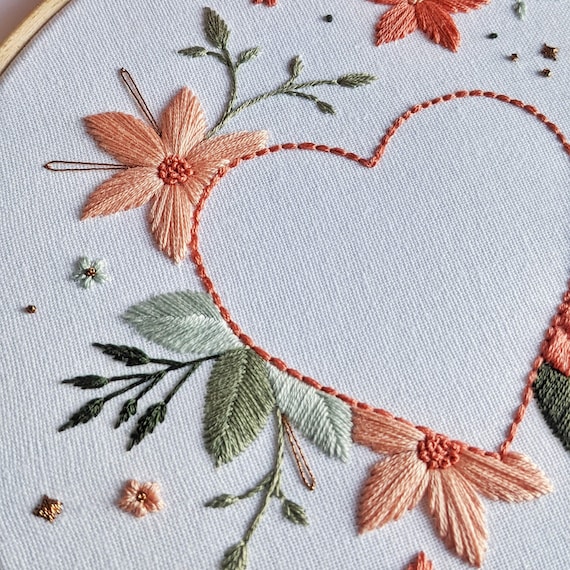 Floral Heart Embroidery Kit 7 Hoop Love and Botanical Theme