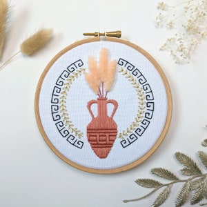 Greek Amphora modern floral and ancient greek themed embroidery craft kit. Modern embroidery design for beginners and all ability levels. Beautiful, creative and stylish Summer holidays craft gift for history lovers. Aegean Crete Athens Rome