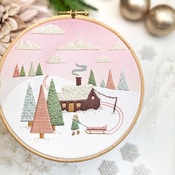 Embroidery Kit: Cosy Winter Cabin Landscape - Handmade