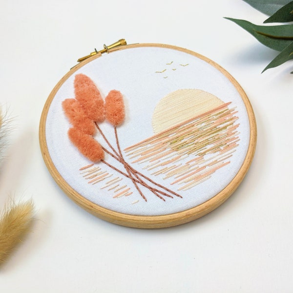 Mini kit de broderie facile Sunset Lake • Thème floral et nature • Heure dorée esthétique minimaliste estivale • Artisanat à faire soi-même et cadeau unique