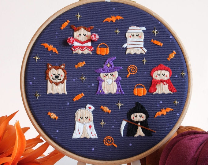 Ghost Trick or Treat Embroidery Kit: Kawaii Halloween Decor, 6" Hoop