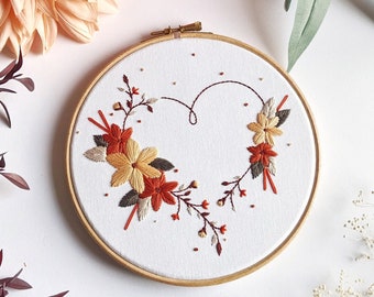 Autumn Heart Embroidery Kit • 7" Hoop • Fall Floral Love & Nature Theme • DIY Craft Kit and Thoughtful Handmade Gift