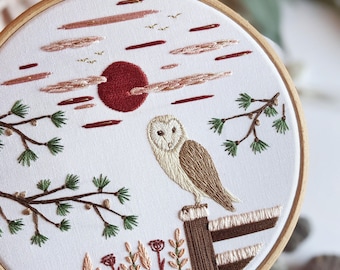 Owl in the Pines Embroidery Kit • 6" Hoop • Nature, Bird, Wildlife and Winter theme • DIY Wall Art Craft Kit and Unique Gift