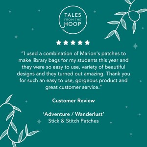5 star review of Adventure Wanderlust themed stick and stitch patches. Get creative and bring a touch of outdoor living to your clothing and fabrics. Easy to use and great fun. Start stitching straight away