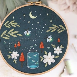 Firefly Forest Embroidery Kit • 7" Hoop • Adventure, Nature, Lunar Theme • Glow in the Dark • Thoughtful Handmade Gift for Craft Lovers