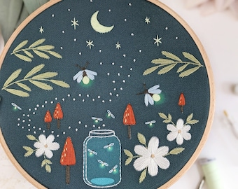 Firefly Forest Embroidery Kit • 7" Hoop • Adventure, Nature, Lunar Theme • Glow in the Dark • Thoughtful Handmade Gift for Craft Lovers