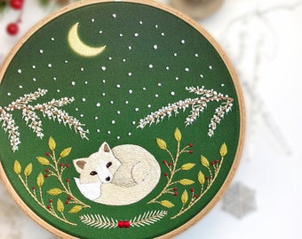 Arctic Fox Embroidery Kit • 7" Hoop • Winter, Christmas and Cute Animal Theme • Thoughtful Handmade Gift and DIY Winter Decor