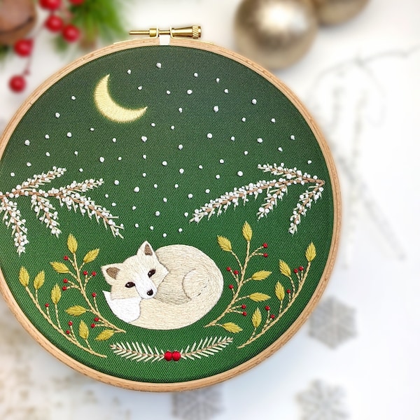 Arctic Fox Embroidery Kit • 7" Hoop • Winter, Christmas and Cute Animal Theme • Thoughtful Handmade Gift and DIY Winter Decor