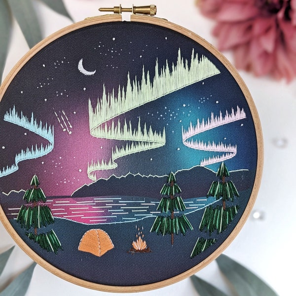 Northern Lights Embroidery Kit • 7" Hoop • Autumn, Fall Winter & Celestial Lunar Theme • Thoughtful Handmade Gift