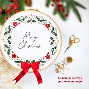 Christmas Festive Wreath with Satin Bow Embroidery Kit • 8" Hoop  • Custom Quote • DIY Handmade Christmas Decoration and Thoughtful Gift