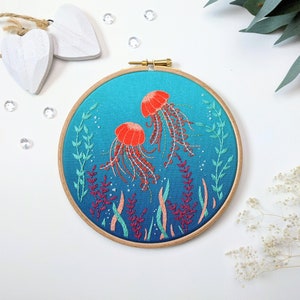 Jellyfish Cove Embroidery Kit: Tropical Underwater Theme, 6&quot; hoop