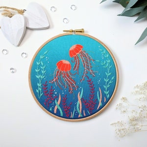 Jellyfish Cove Embroidery kit • Underwater, Tropical, Ocean & Travel Theme • Thoughtful Handmade gift for Craft Lovers