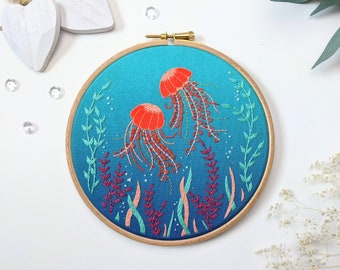 Jellyfish Cove Embroidery kit • Underwater, Tropical, Ocean & Travel Theme • Thoughtful Handmade gift for Craft Lovers