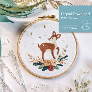 Floral Deer Embroidery Pattern • Modern Hand Embroidery • PDF Digital Download • Cute Animal and Nature Theme