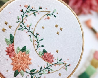 Floral Moon Embroidery Kit • 6" Hoop • Floral Celestial Boho Theme • Thoughtful, Mindful, Gift for Her