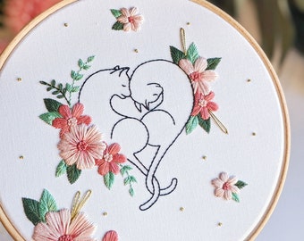 Love Cats Embroidery Kit • 7" Hoop • Floral, Love theme • Thoughtful Valentines Gift for Cat Lovers