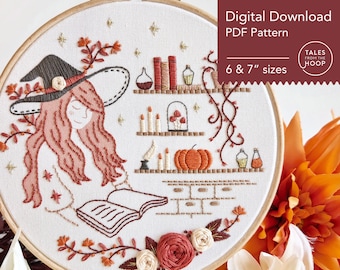 Blommig häxbroderimönster: Modern Halloweendekoration (digital PDF-nedladdning)