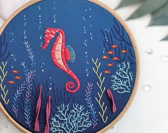 Neon Seahorse Embroidery kit • 6" Hoop • Underwater, Tropical, Ocean & Travel Theme • Thoughtful Handmade gift for Craft Lovers