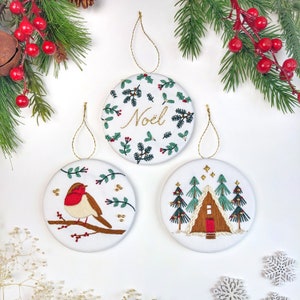 Mini Christmas Decorations Embroidery Kit  • 4&quot; Hoop • Noel, Robin and Winter Cabin Theme • Thoughtful Handmade Decor and Gift