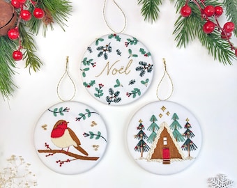 Mini Christmas Decorations Embroidery Kit  • 4" Hoop • Noel, Robin and Winter Cabin Theme • Thoughtful Handmade Decor and Gift