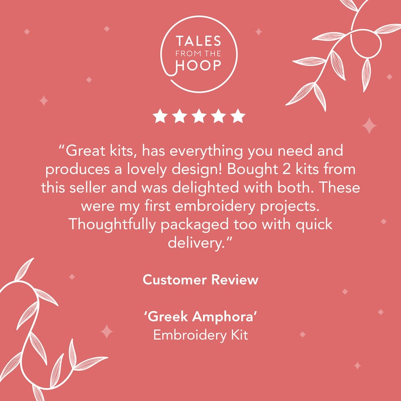 Review of Greek Amphora modern floral and ancient greek themed embroidery craft kit. Modern embroidery design for beginners and all ability levels. Beautiful, creative and stylish Summer holidays craft gift for history lovers Aegean Crete Athens Rome