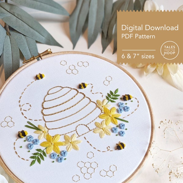 Honey Bee Sampler Embroidery Pattern • Wildflower, Floral, Nature and Insect Theme • Digital PDF download • Needlecraft pattern