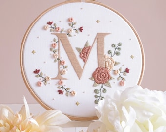 Personalised Boho Monogram Embroidery Kit • 7" Hoop • Bohemian Dusky Rose Floral theme • Handmade Decor and Gift • Optional gold paint