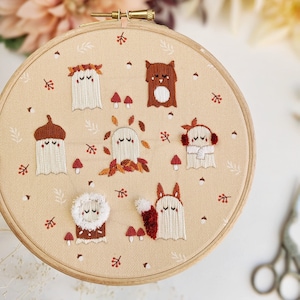 Ghosts in the Woods Embroidery Kit • 6" Hoop • Cute Kawaii Forest, Halloween Autumn and Fall Theme • Unique Handmade Gift