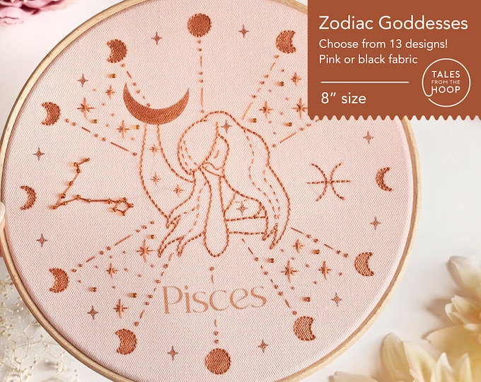Zodiac Goddess Embroidery Kit: Astrology Star Sign, 8" Hoop