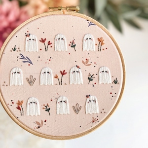 Ghosts in the Garden Embroidery kit (Pink Version) • 6&quot; Halloween Craft Kit • Cute Spooky Floral Kawaii Ghost Gift